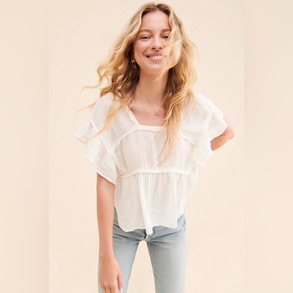 BIBI White Ruffle Gauze Peplum Top - Size L - Boho Chic